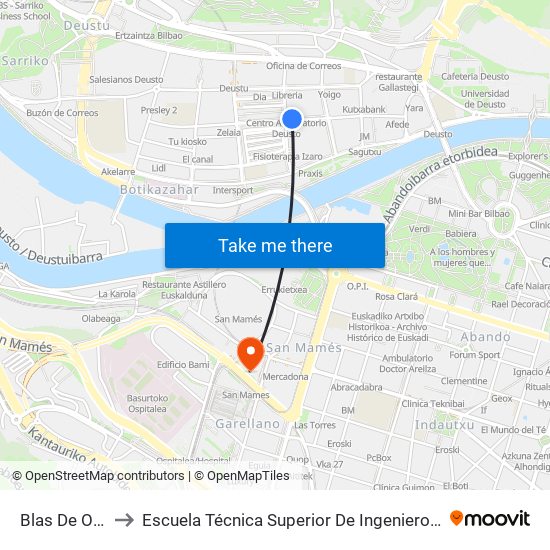 Blas De Otero Fte. 23 to Escuela Técnica Superior De Ingenieros Industriales De Bilbao - Edificio C map