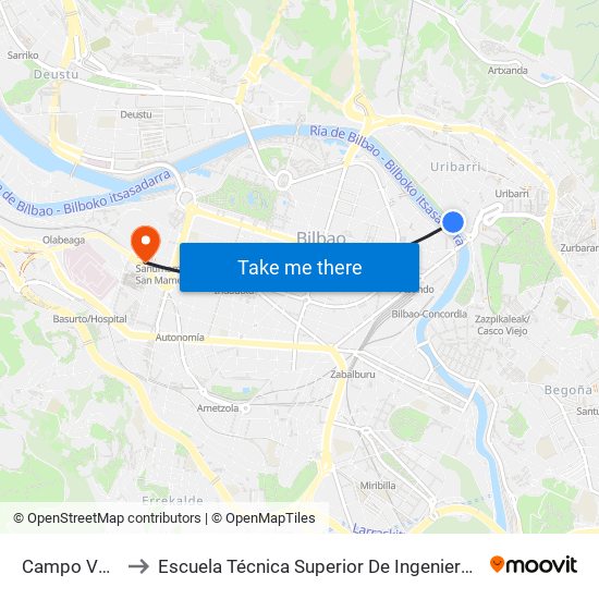 Campo Volantín Fte. 4 to Escuela Técnica Superior De Ingenieros Industriales De Bilbao - Edificio C map