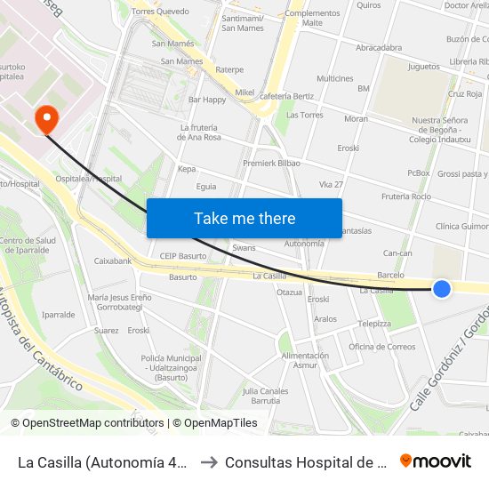 La Casilla (Autonomía 45) (356) to Consultas Hospital de Basurto map