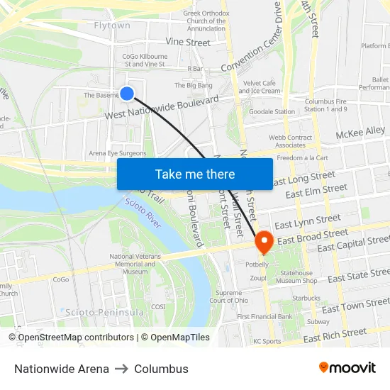Nationwide Arena to Columbus map