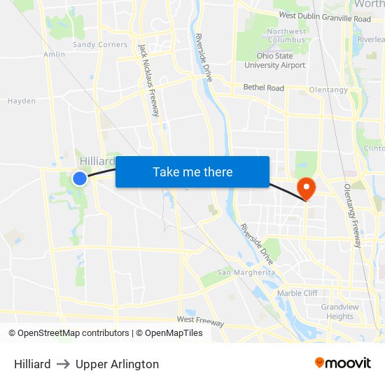 Hilliard to Upper Arlington map