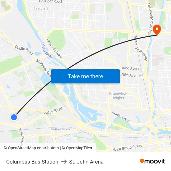 Columbus Bus Station to St. John Arena map
