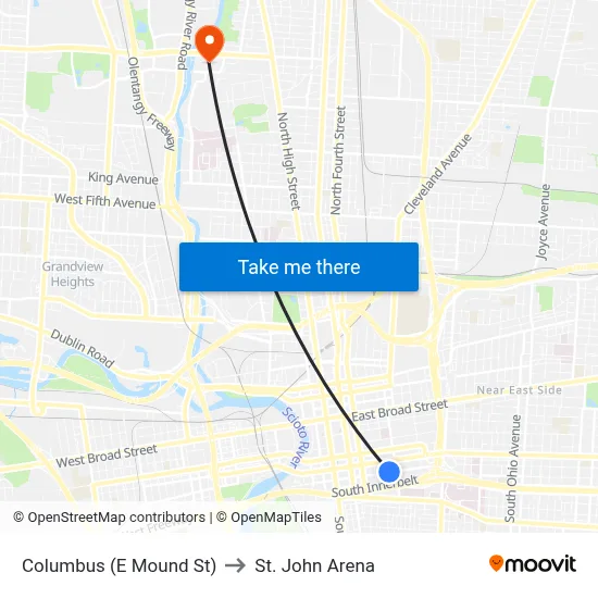 Columbus (E Mound St) to St. John Arena map