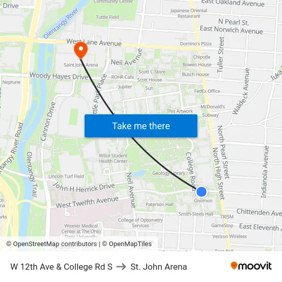W 12th Ave & College Rd S to St. John Arena map