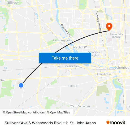 Sullivant Ave & Westwoods Blvd to St. John Arena map