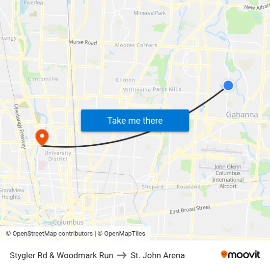 Stygler Rd & Woodmark Run to St. John Arena map