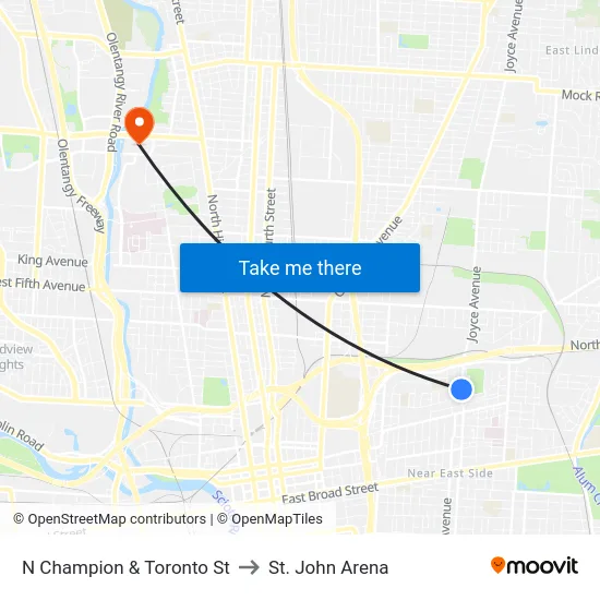 N Champion & Toronto St to St. John Arena map