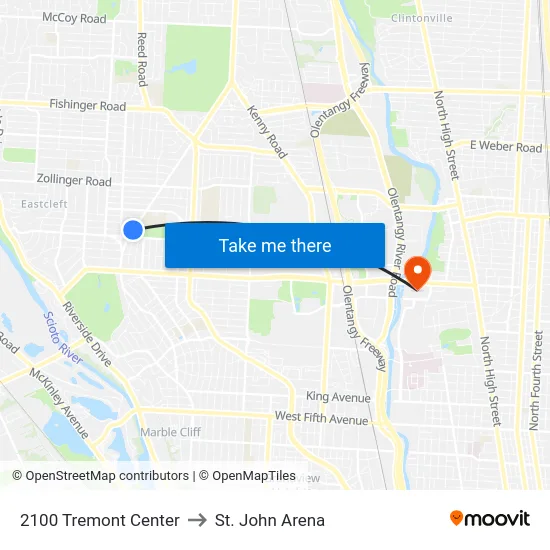 2100 Tremont Center to St. John Arena map
