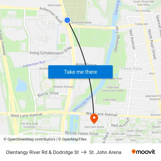 Olentangy River Rd & Dodridge St to St. John Arena map