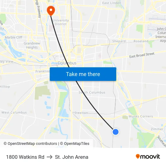 1800 Watkins Rd to St. John Arena map