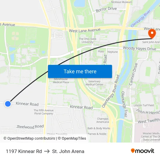 1197 Kinnear Rd to St. John Arena map