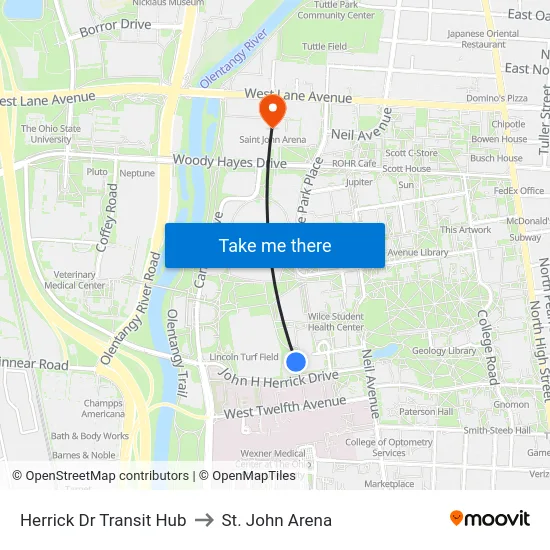 Herrick Dr Transit Hub to St. John Arena map