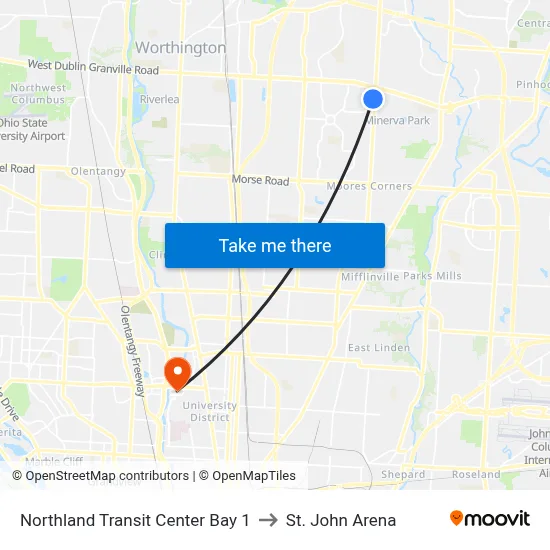 Northland Transit Center Bay 1 to St. John Arena map