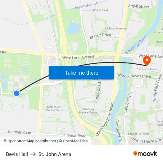 Bevis Hall to St. John Arena map