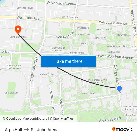 Arps Hall to St. John Arena map