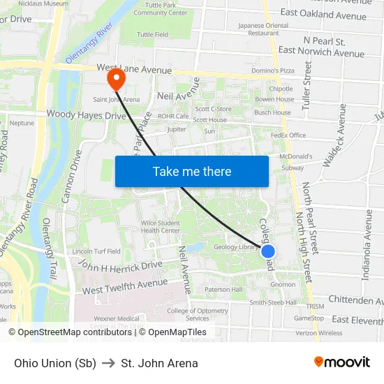 Ohio Union (Sb) to St. John Arena map