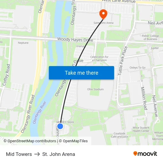 Mid Towers to St. John Arena map