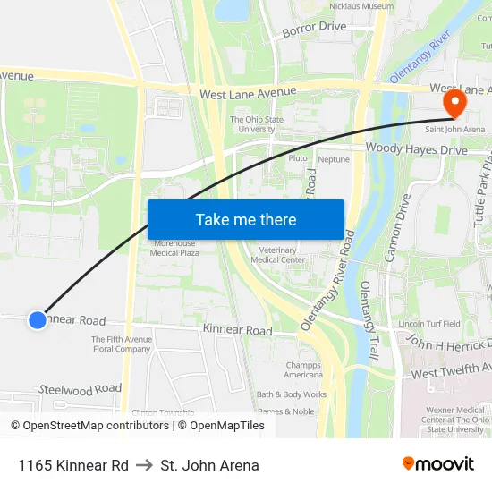 1165 Kinnear Rd to St. John Arena map