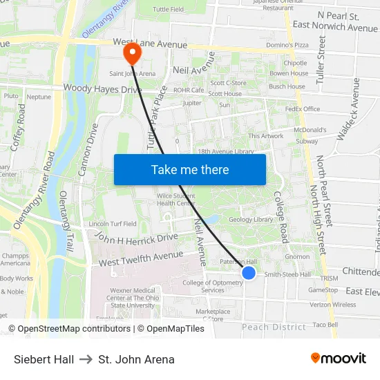 Siebert Hall to St. John Arena map