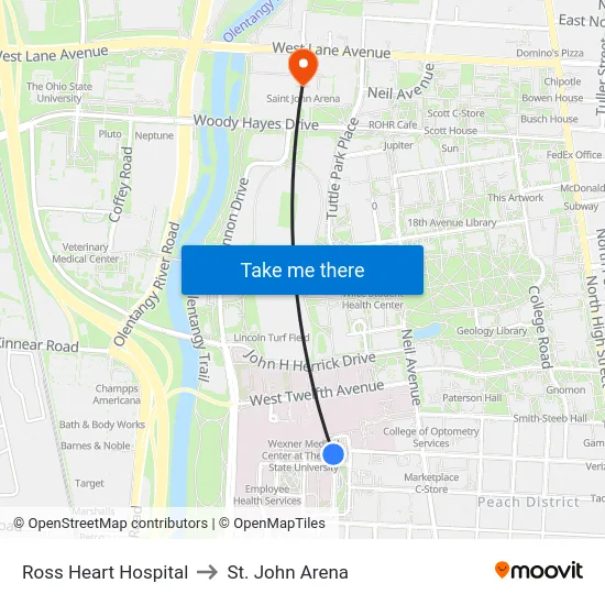 Ross Heart Hospital to St. John Arena map