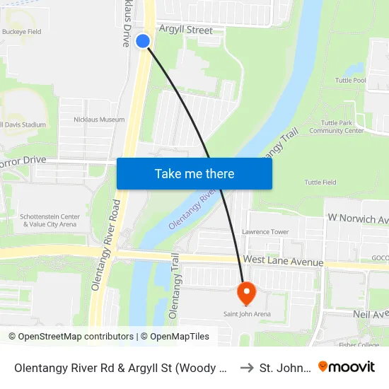 Olentangy River Rd & Argyll St (Woody Hayes Athletic Center) to St. John Arena map
