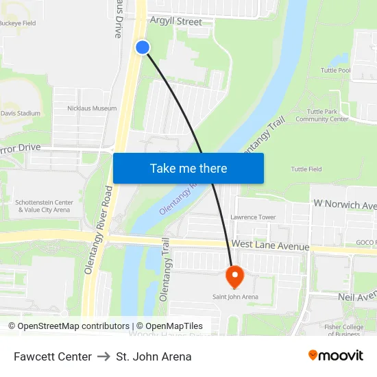 Fawcett Center to St. John Arena map
