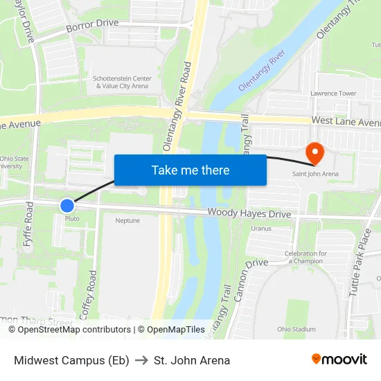 Midwest Campus (Eb) to St. John Arena map