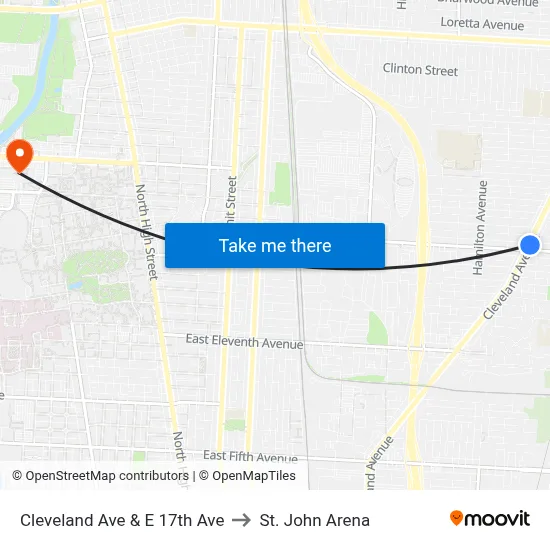 Cleveland Ave & E 17th Ave to St. John Arena map