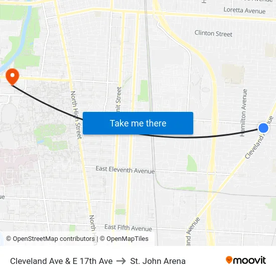 Cleveland Ave & E 17th Ave to St. John Arena map