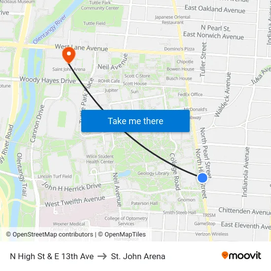 N High St & E 13th Ave to St. John Arena map