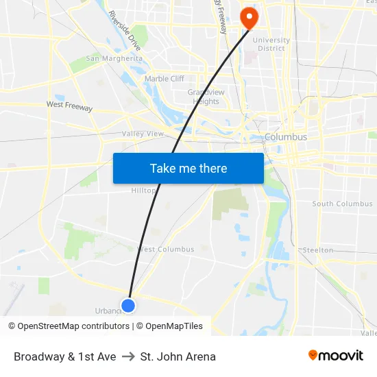 Broadway & 1st Ave to St. John Arena map