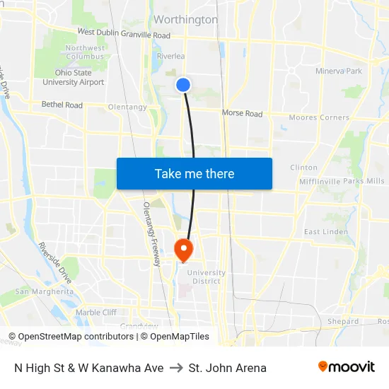 N High St & W Kanawha Ave to St. John Arena map