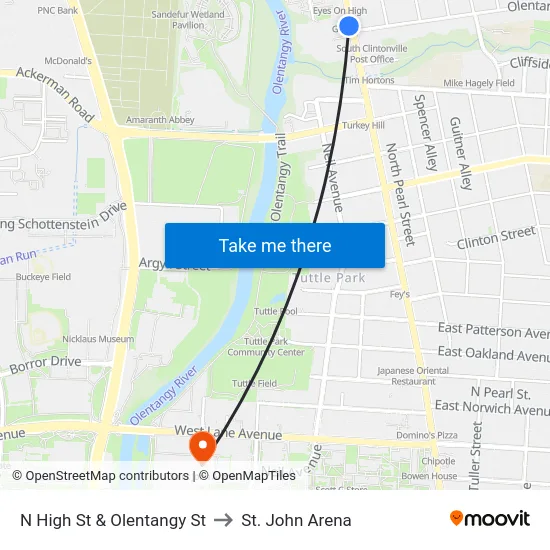 N High St & Olentangy St to St. John Arena map