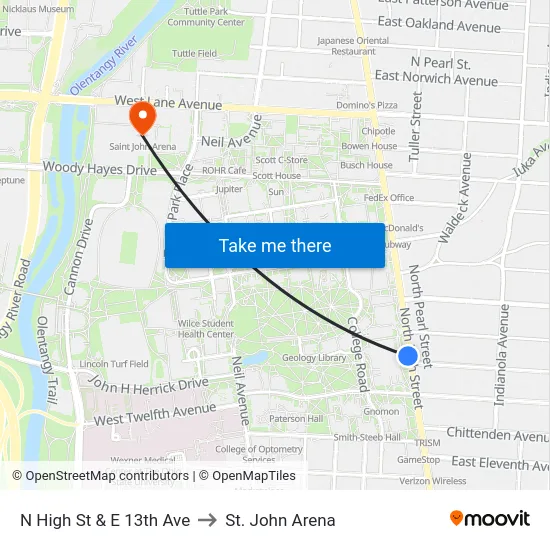 N High St & E 13th Ave to St. John Arena map