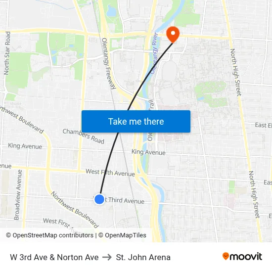 W 3rd Ave & Norton Ave to St. John Arena map