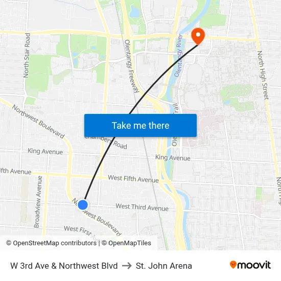 W 3rd Ave & Northwest Blvd to St. John Arena map