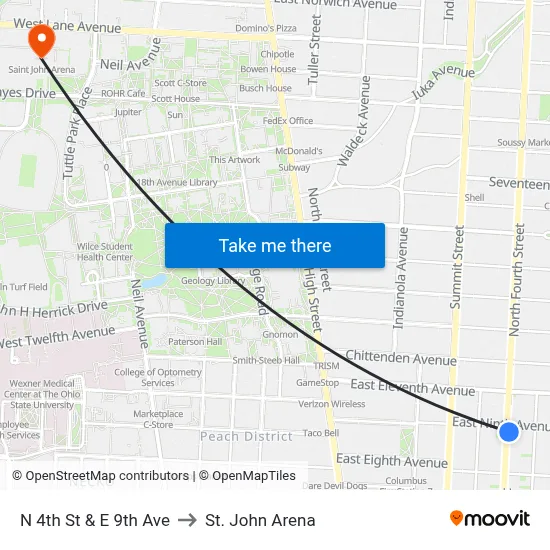 N 4th St & E 9th Ave to St. John Arena map