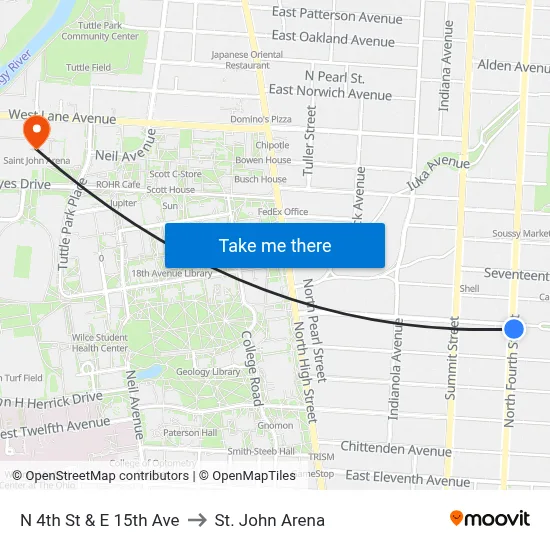 N 4th St & E 15th Ave to St. John Arena map