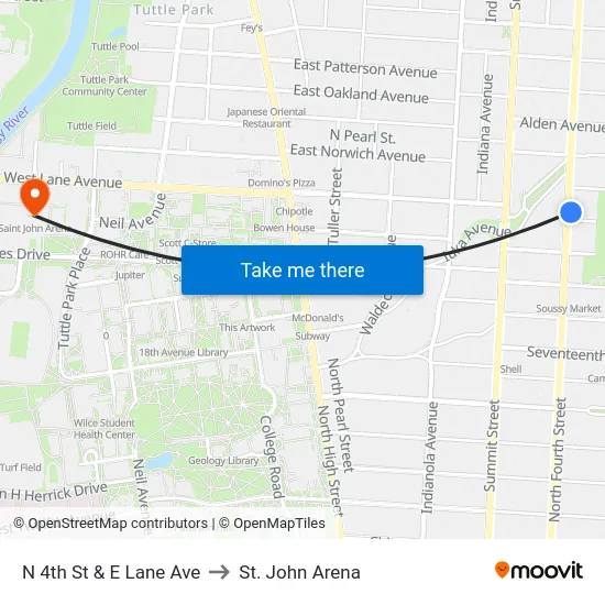N 4th St & E Lane Ave to St. John Arena map