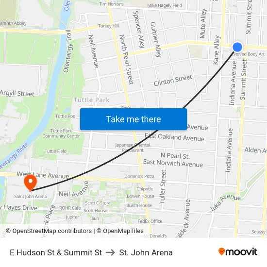 E Hudson St & Summit St to St. John Arena map