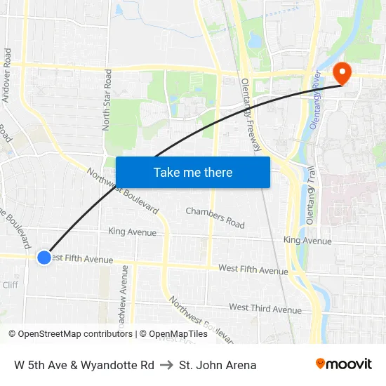 W 5th Ave & Wyandotte Rd to St. John Arena map