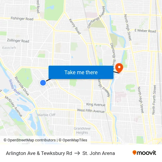 Arlington Ave & Tewksbury Rd to St. John Arena map