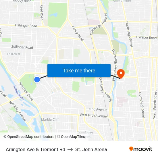 Arlington Ave & Tremont Rd to St. John Arena map