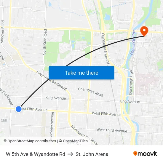 W 5th Ave & Wyandotte Rd to St. John Arena map