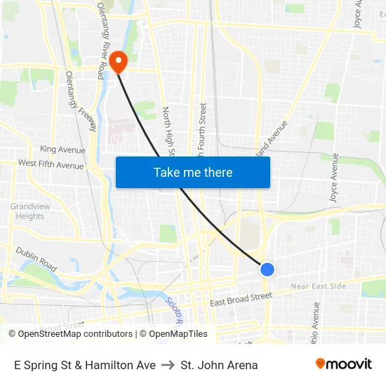 E Spring St & Hamilton Ave to St. John Arena map