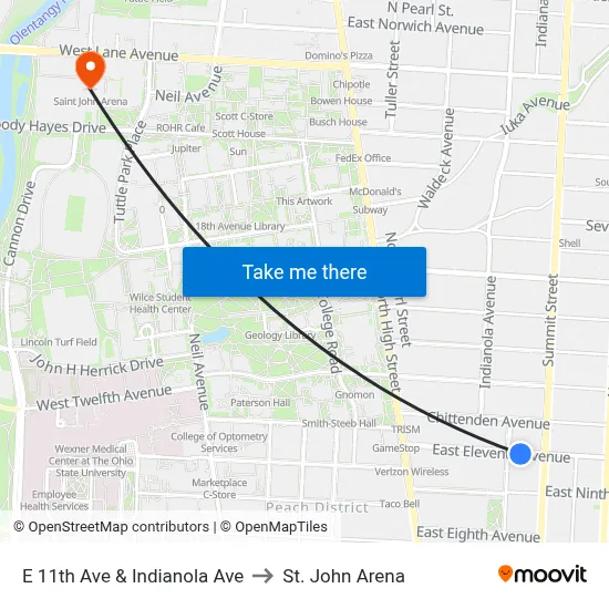 E 11th Ave & Indianola Ave to St. John Arena map