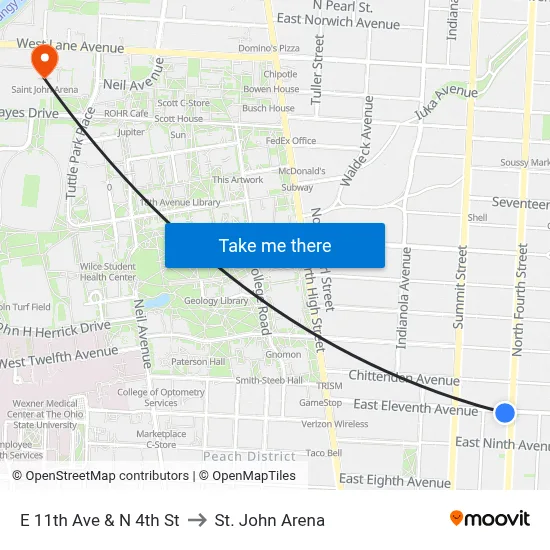 E 11th Ave & N 4th St to St. John Arena map