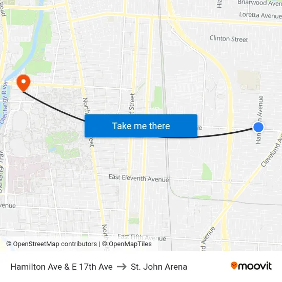 Hamilton Ave & E 17th Ave to St. John Arena map