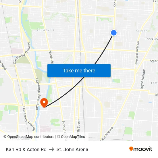 Karl Rd & Acton Rd to St. John Arena map