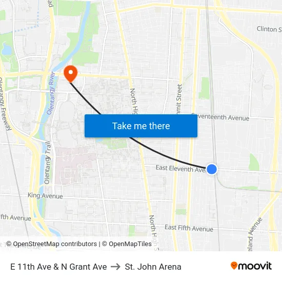 E 11th Ave & N Grant Ave to St. John Arena map